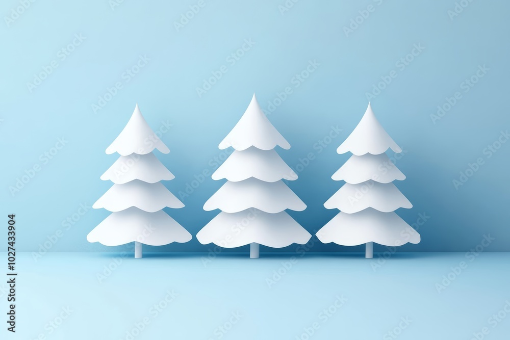 Fototapeta premium Three elegant white Christmas trees are arranged harmoniously against a calming blue backdrop, creating a peaceful winter ambiance