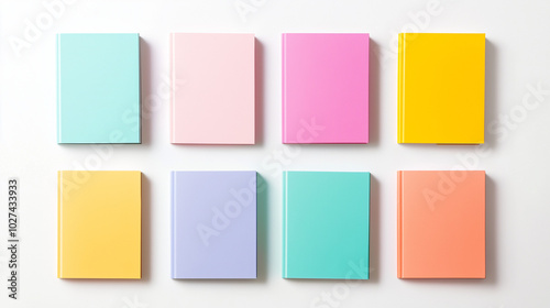 Colorful pastel notebooks arranged in two rows on white background