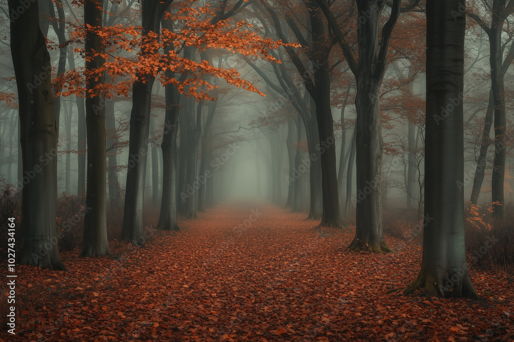 Fototapeta premium Misty Autumn Forest in Early Morning with Fog and Fallen Leaves