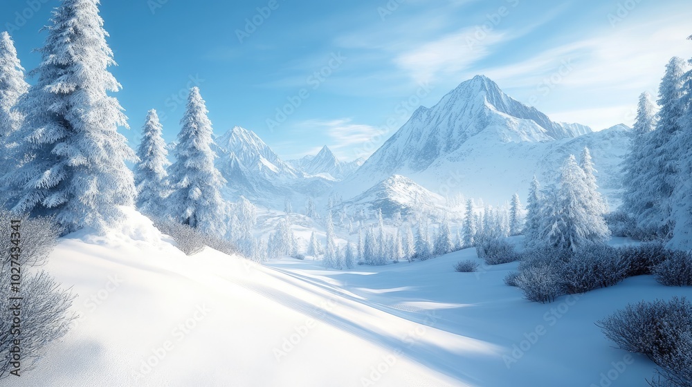 Fototapeta premium A breathtaking winter landscape with snow-covered mountains and trees, under a clear blue sky, creating a serene and peaceful atmosphere