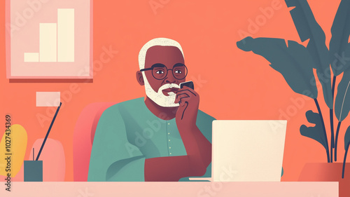 Wallpaper Mural old black man having a video call, vector style that is colorful, simple, and minimalistic, in a cartoon style. Senior man using laptop, internet connection. Online banking, meeting, webinar. Retired  Torontodigital.ca