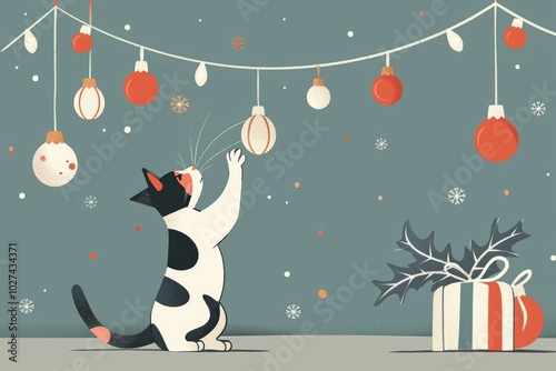 Playful cat reaching for holiday ornaments