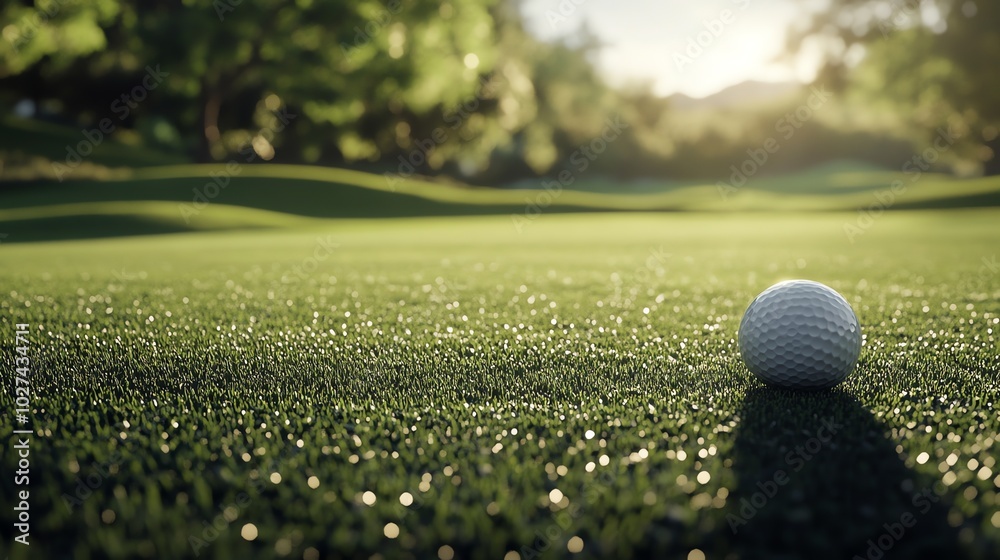 A golf ball sits on a lush green fairway, bathed in the warm glow of the setting sun. A golf ball sits on a lush green fairway, bathed in the warm glow of the setting sun.