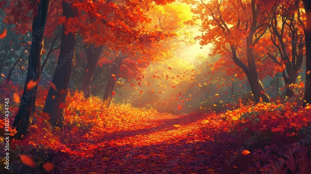 A peaceful autumn forest with vibrant leaves in red, orange, and yellow, creating a path of fallen leaves under the glowing sky A peaceful autumn forest with vibrant leaves in red, orange, and yellow, creating a path of fallen leaves under the glowing sky
