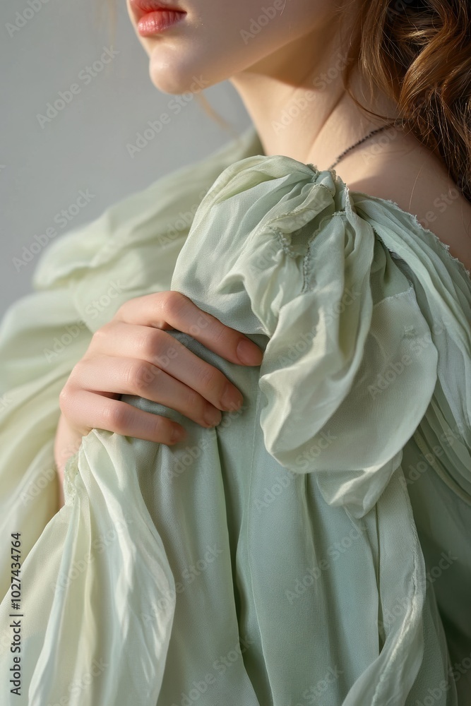 Naklejka premium Soft Fabric Drapery: A Close-Up of a Woman's Hand Holding Delicate, Light Green Chiffon, Perfect for Fashion or Beauty Themes