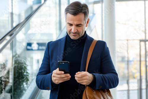 A man wearing business casual attire with a blue blazer and black turtleneck sweater underneath, holding an iPhone while walking through the airport terminal