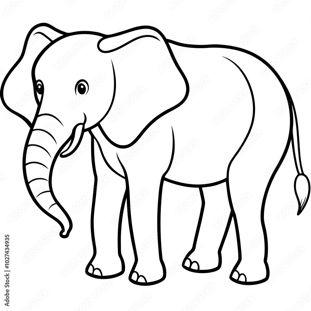 simple icon Children coloring book page, line art, monochrome black and white, cartoon outline cute style, illustration of elephant