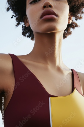 Fashion Portrait: A model in a stylish swimsuit featuring maroon and yellow tones, perfect for swimwear advertisements and fashion promotions.