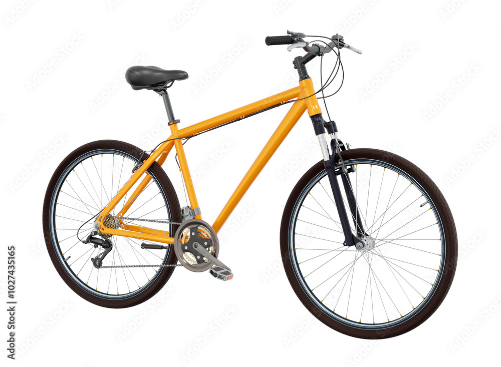 Orange bicycle, side front view. Black leather saddle and handles. Png clipart isolated on transparent background Orange bicycle, side front view. Black leather saddle and handles. Png clipart isolated on transparent background