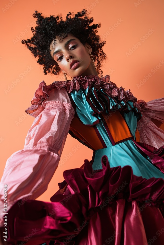 Fototapeta premium Fashion Portrait: A model in a vibrant multi-colored dress against a warm orange backdrop; ideal for clothing design inspiration.