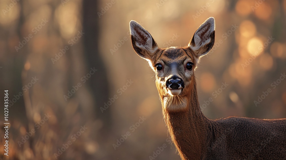 A young deer with large ears looks directly at the camera in a forest setting.