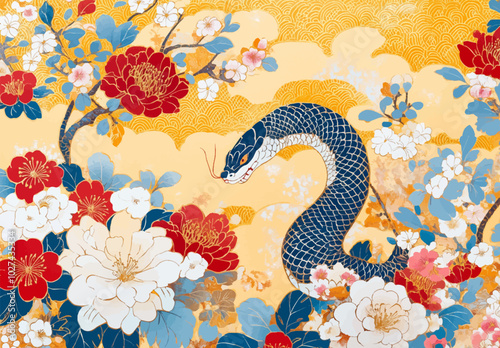 2025年巳年年賀状素材和風和柄花背景