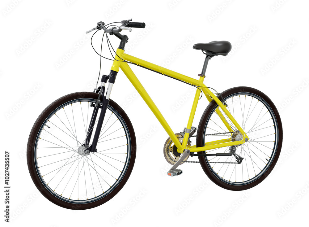 Yellow bicycle, side front view. Black leather saddle and handles. Png clipart isolated on transparent background Yellow bicycle, side front view. Black leather saddle and handles. Png clipart isolated on transparent background