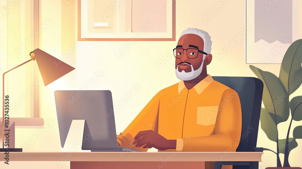 old black man having a video call, vector style that is colorful, simple, and minimalistic, in a cartoon style. Senior man using laptop, internet connection. Online banking, meeting, webinar. Retired old black man having a video call, vector style that is colorful, simple, and minimalistic, in a cartoon style. Senior man using laptop, internet connection. Online banking, meeting, webinar. Retired
