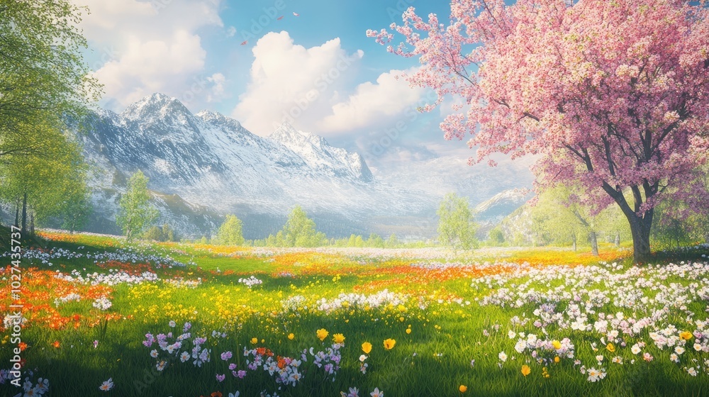 Obraz premium A picturesque spring meadow with bright wildflowers and blooming trees, creating a peaceful and colorful springtime atmosphere