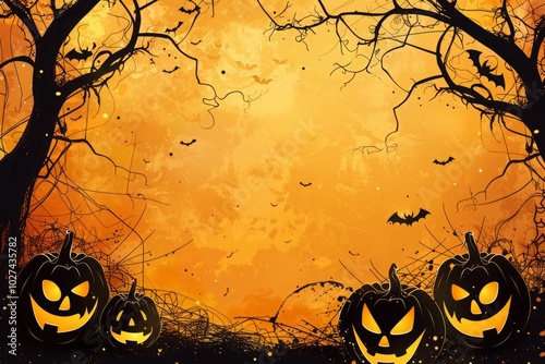 A Halloween themed background with bats and pumpkins photo