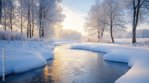 A picturesque winter scene with snow-covered fields, frozen rivers, and a peaceful forest blanketed in snow