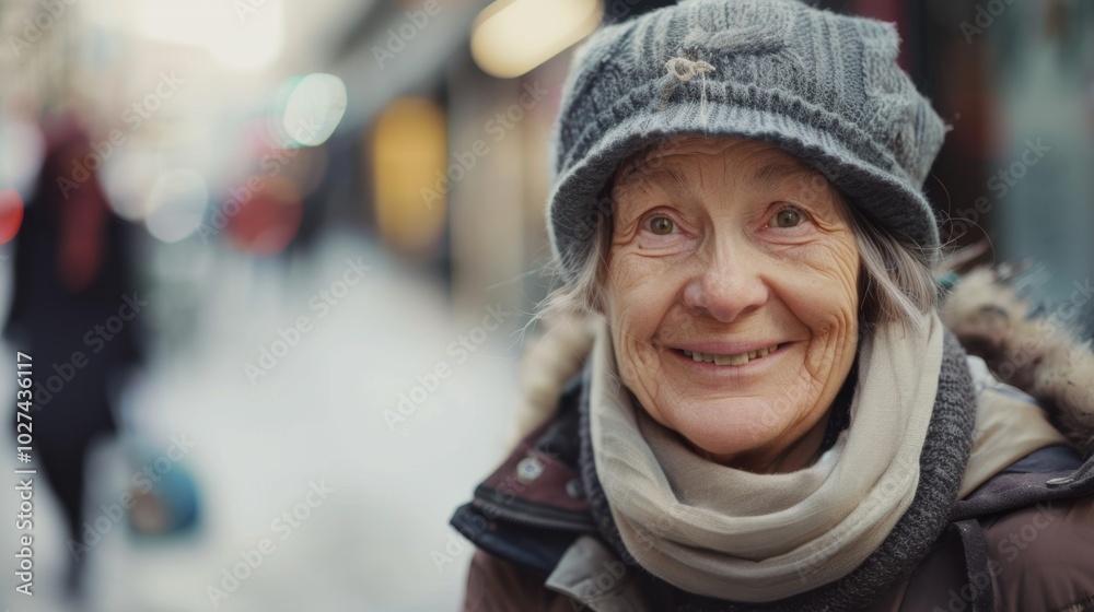 A woman wearing a gray hat and scarf is smiling A woman wearing a gray hat and scarf is smiling