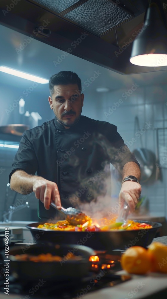 A chef is cooking food in a kitchen with a lot of utensils and ingredients A chef is cooking food in a kitchen with a lot of utensils and ingredients