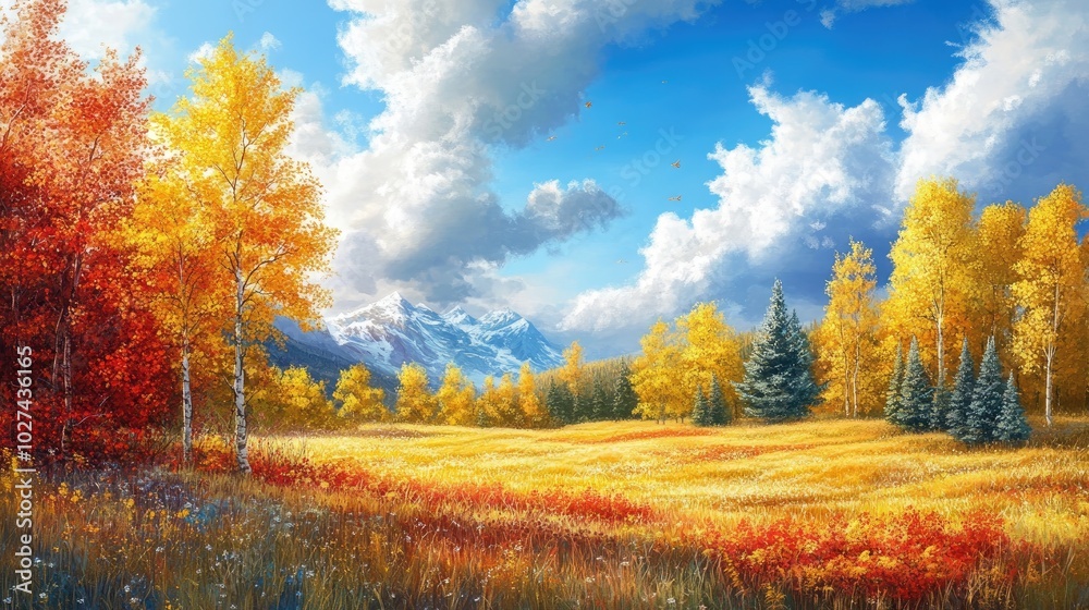 A serene autumn meadow with golden and red leaves, colorful trees, and a bright blue sky creating a peaceful fall scene A serene autumn meadow with golden and red leaves, colorful trees, and a bright blue sky creating a peaceful fall scene