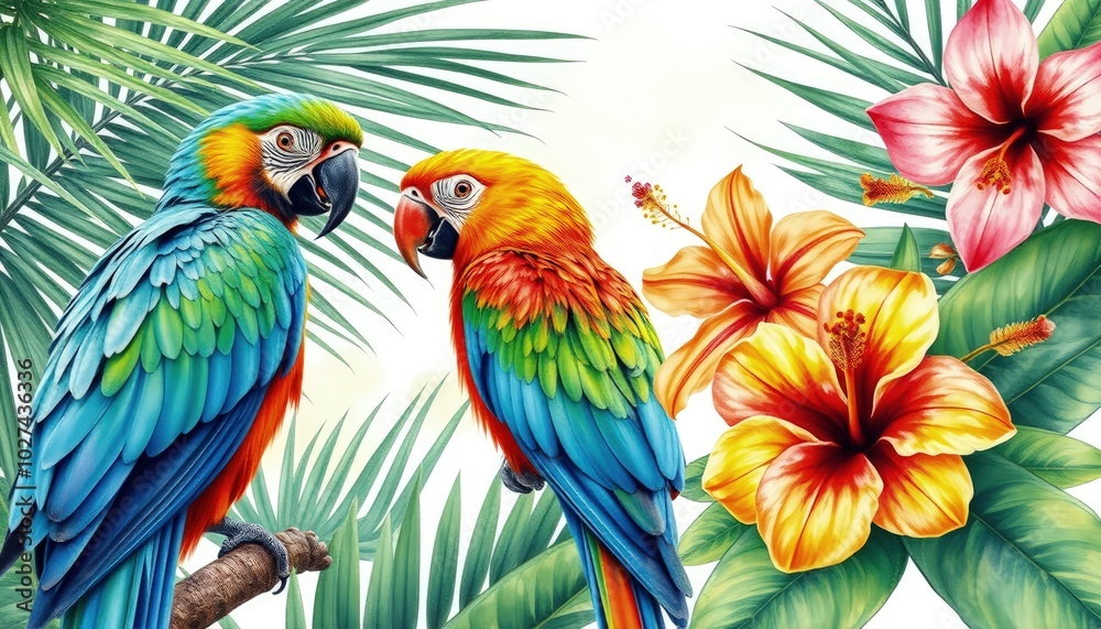 Obraz premium Parrots lovebirds, palm leaves, tropical flowers: turmeric, orchid, hibiscus in watercolor botanical illustration AI Generate