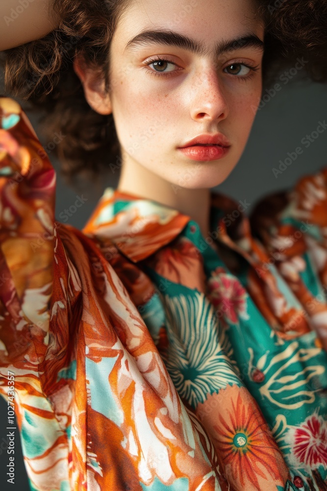 Obraz premium Fashion Portrait: A Young Woman with Curly Hair in a Vibrantly Colored Floral Shirt