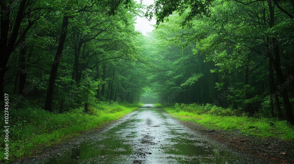 Naklejka premium A serene scene of a rain-soaked forest path, with green trees, gentle raindrops falling, and a misty horizon