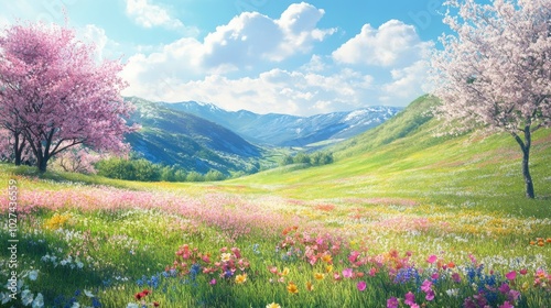 A serene spring meadow with colorful flowers, green hills, and cherry blossom trees under a clear, bright sky