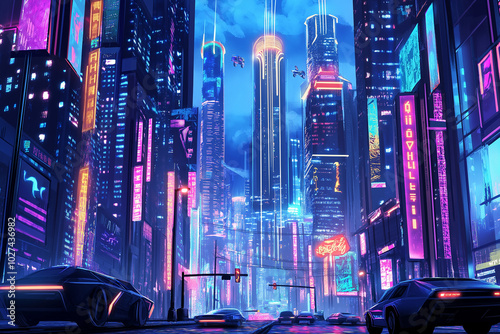 Futuristic Cityscape with Glowing Skyscrapers and Floating Vehicles