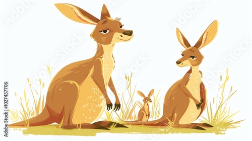 A cartoon illustration of a family of kangaroos, a mom, dad, and a joey.