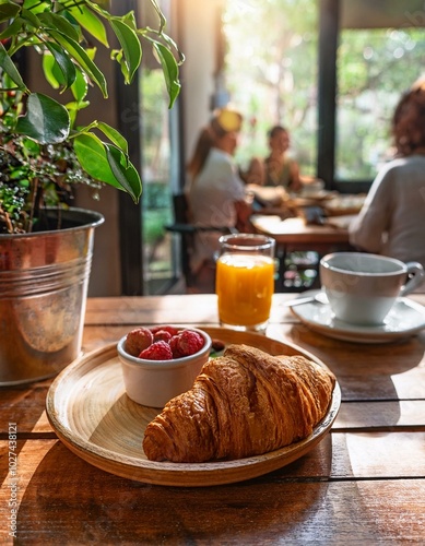 Un desayuno continental servido en una acogedora cafetería con luz natural. Un croissant dorado, una taza de café humeante, un vaso de zumo de naranja fresco y un bol de fruta fresca.
