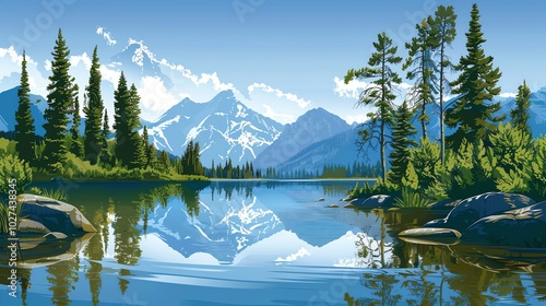 A serene lake scene with mountains in the background.