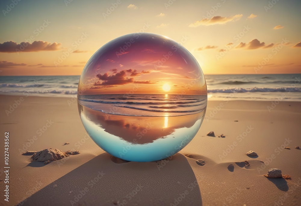 A crystal ball sitting on a sandy beach with the sun setting in the background