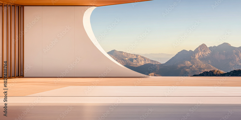 Modern architectural design with a stunning mountain view during golden hour Modern architectural design with a stunning mountain view during golden hour