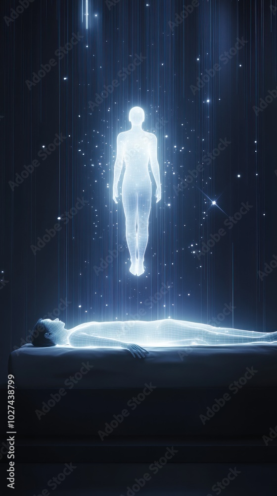 Minimalist depiction of astral projection and spiritual journey, AI generated