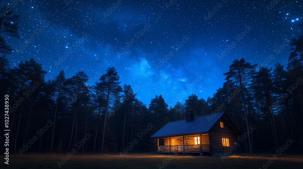 remote cabin shines under the celestial tapestry of a clear night sky in the woods remote cabin shines under the celestial tapestry of a clear night sky in the woods