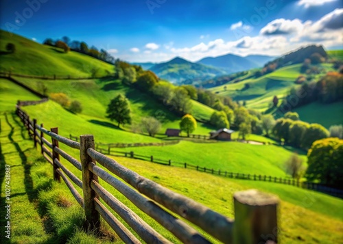 Tilt-Shift Photography of a Wooden Fence Surrounded by Lush Pastures in Asturias, Spain