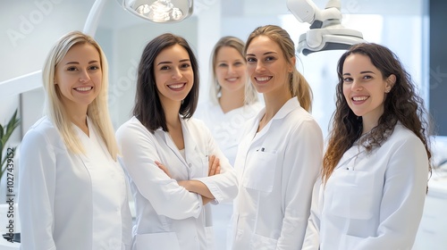 A group of diverse healthcare professionals stand together in a hospital setting, smiling and looking confident.