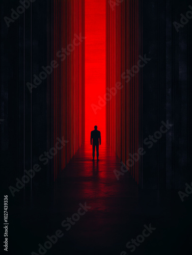 A solitary figure stands in a dark corridor illuminated by eerie red light at night