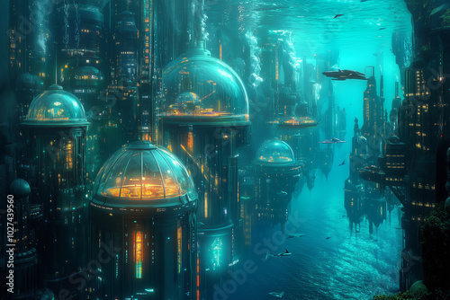Underwater City Futuristic Transparent Domes and Neon Buildings