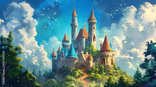 A fairytale castle sits atop a green hill against a blue sky with fluffy white clouds.