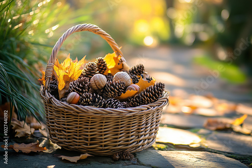Autumn Basket with Pine Cones and Acorns
