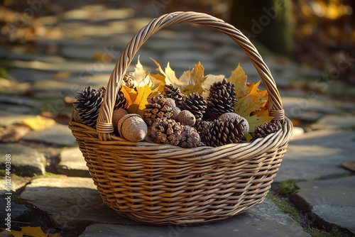 Autumn Basket with Pine Cones and Acorns