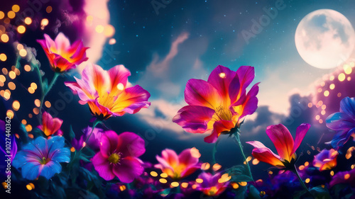 A field of flowers with a bright pink moon in the background
