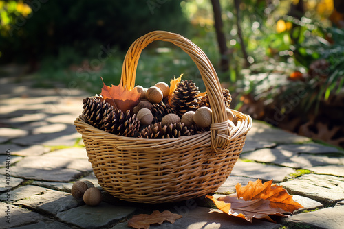 Autumn Basket with Pine Cones and Acorns
