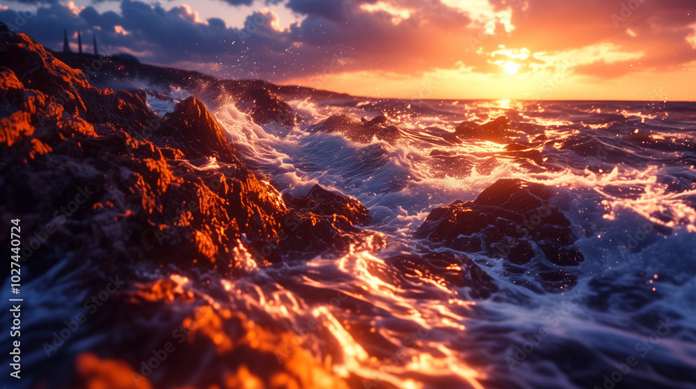 sunset light bathes rough coastal rocks and waves creating a dynamic interplay of color and light sunset light bathes rough coastal rocks and waves creating a dynamic interplay of color and light