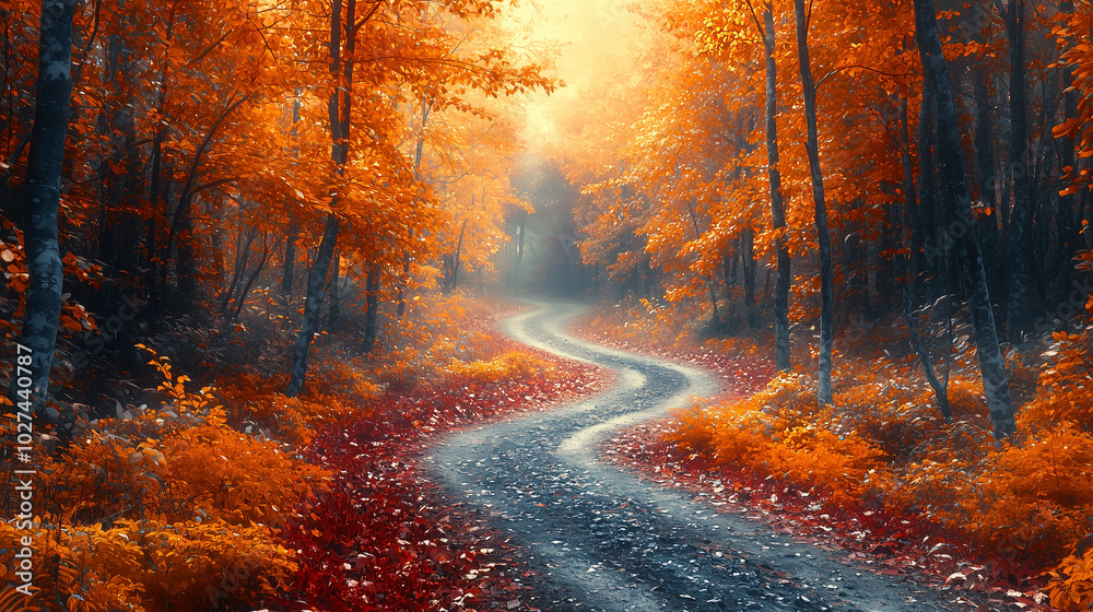 Obraz premium winding path through an autumn forest lit by the warm glow of a setting sun casting long shadows