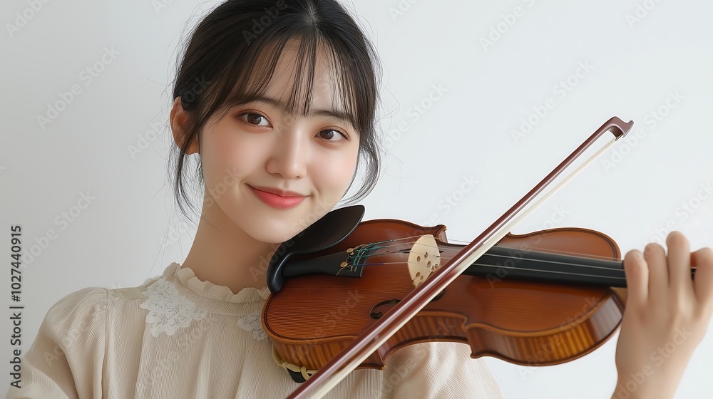 A photo of an attractive Japanese woman playing the violin A photo of an attractive Japanese woman playing the violin