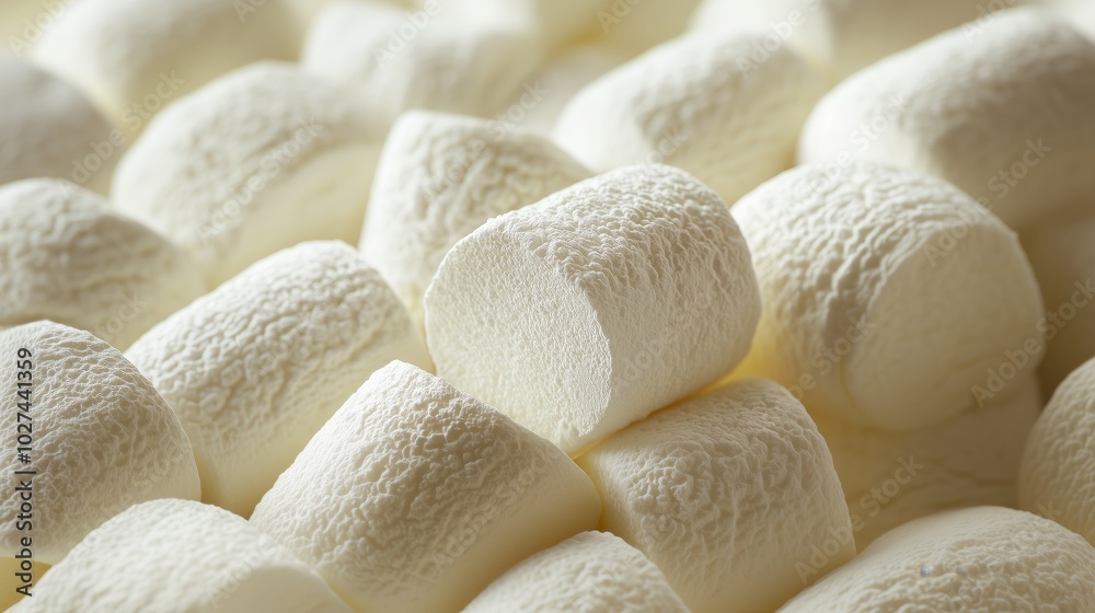 Close-Up View of Large White Marshmallows with Cylindrical Shape, Rounded Edges, and Soft Fluffy Texture, Overlapping Arrangement Filling the Frame with Smooth Powdery Surface Close-Up View of Large White Marshmallows with Cylindrical Shape, Rounded Edges, and Soft Fluffy Texture, Overlapping Arrangement Filling the Frame with Smooth Powdery Surface