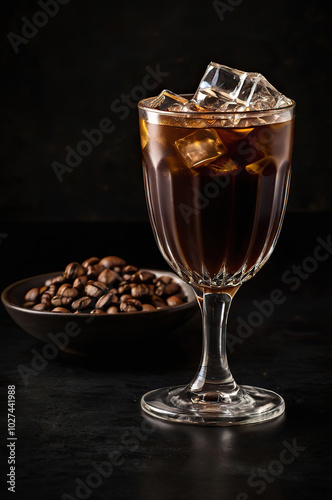 A strong black russian cocktail, with dark coffee hues, set on a black background